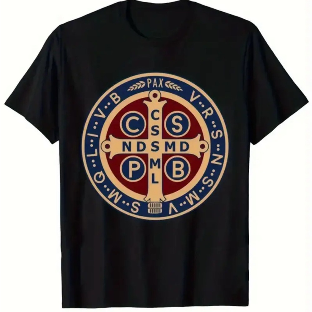 Saint Benedict medal Black Graphic SS T-Shirt unisex XL feast day July 11, new!
